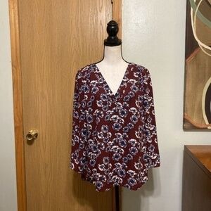 Hinge Size 1X Multi-Color w/Floral Print 3/4 Sleeve V-Neck Blouse - EUC